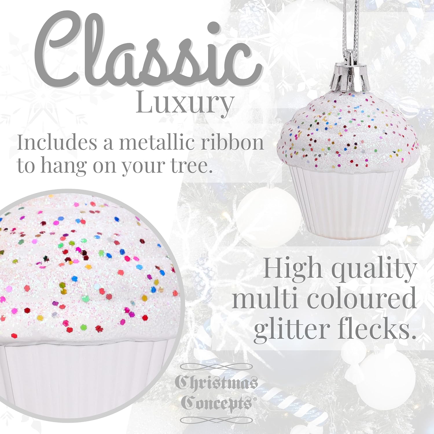 Christmas Concepts® Pack of 4-60mm (2.3") Silver Glittery Festive Cupcake Baubles - Christmas Tree Decorations - Image 3