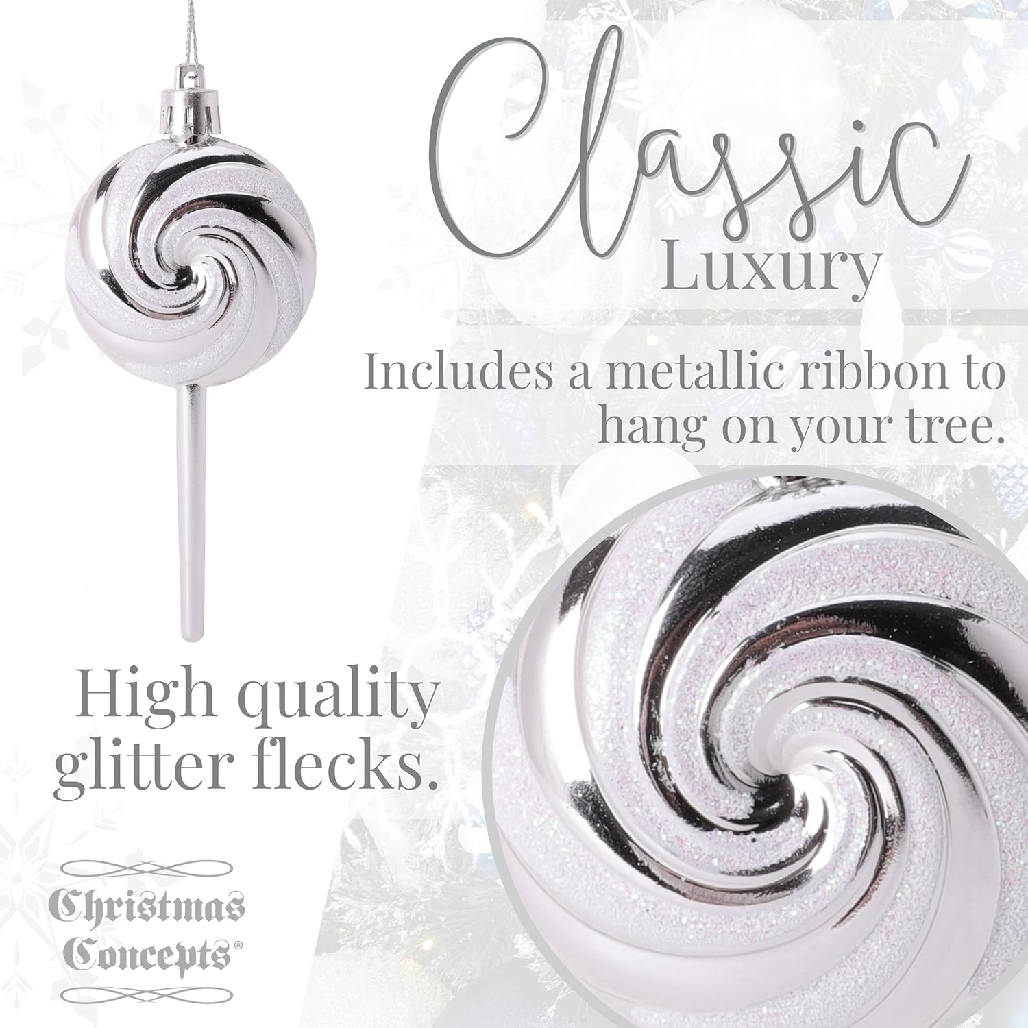 Pack of 4-110mm (4.3") Silver Glittery Festive Lollipop Baubles - Christmas Tree Decorations - Image 7