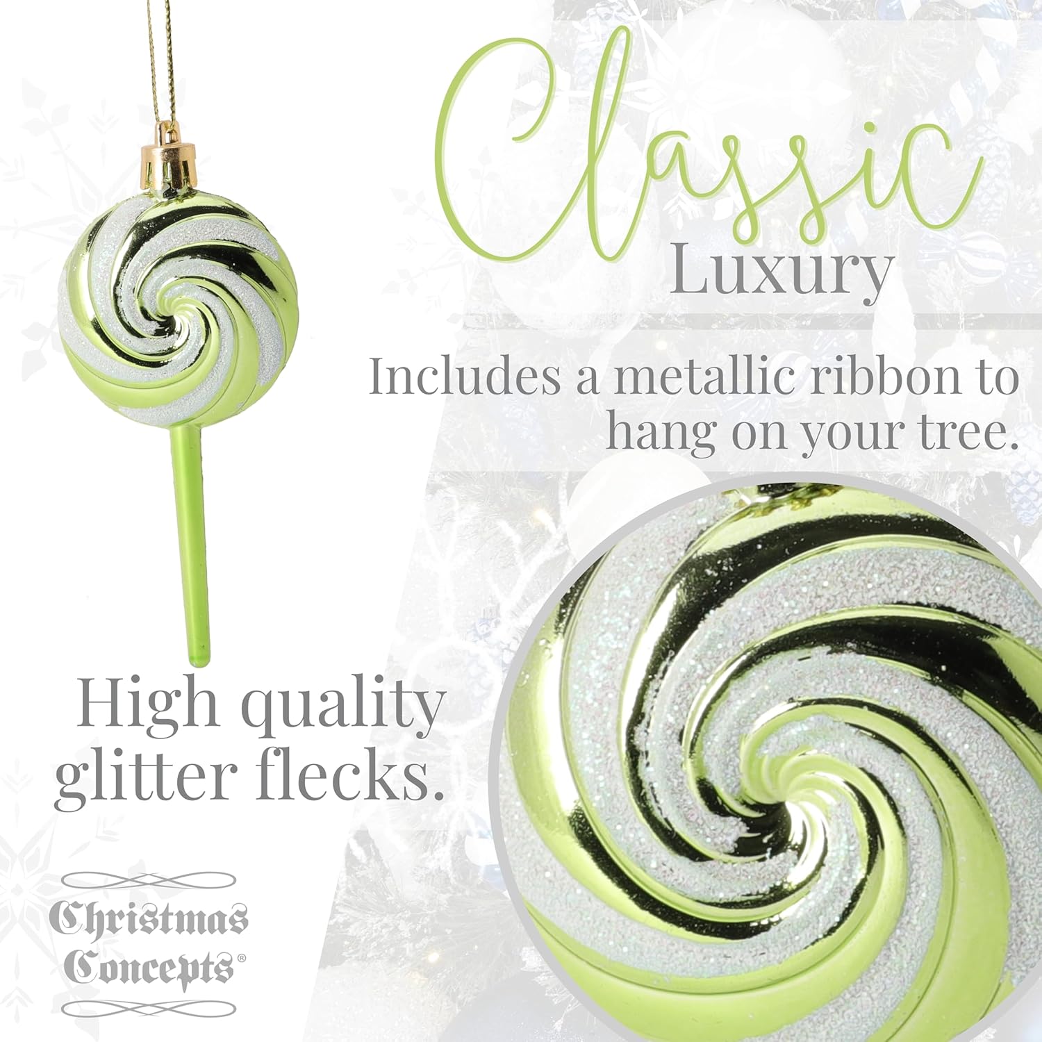 Pack of 4-110mm (4.3") Lime Green Glittery Festive Lollipop Baubles - Christmas Tree Decorations - Image 6