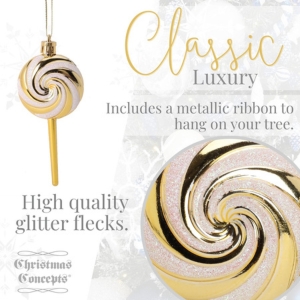 Pack of 4-110mm (4.3") Gold Glittery Festive Lollipop Baubles - Christmas Tree Decorations - Image 6