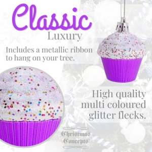 Christmas Concepts® Pack of 4 - 60mm (2.3") Purple Glittery Festive Cupcake Baubles - Christmas Tree Decorations - Image 4
