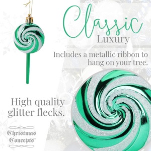 Pack of 4-110mm (4.3") Emerald Green Glittery Festive Lollipop Baubles - Christmas Tree Decorations - Image 4