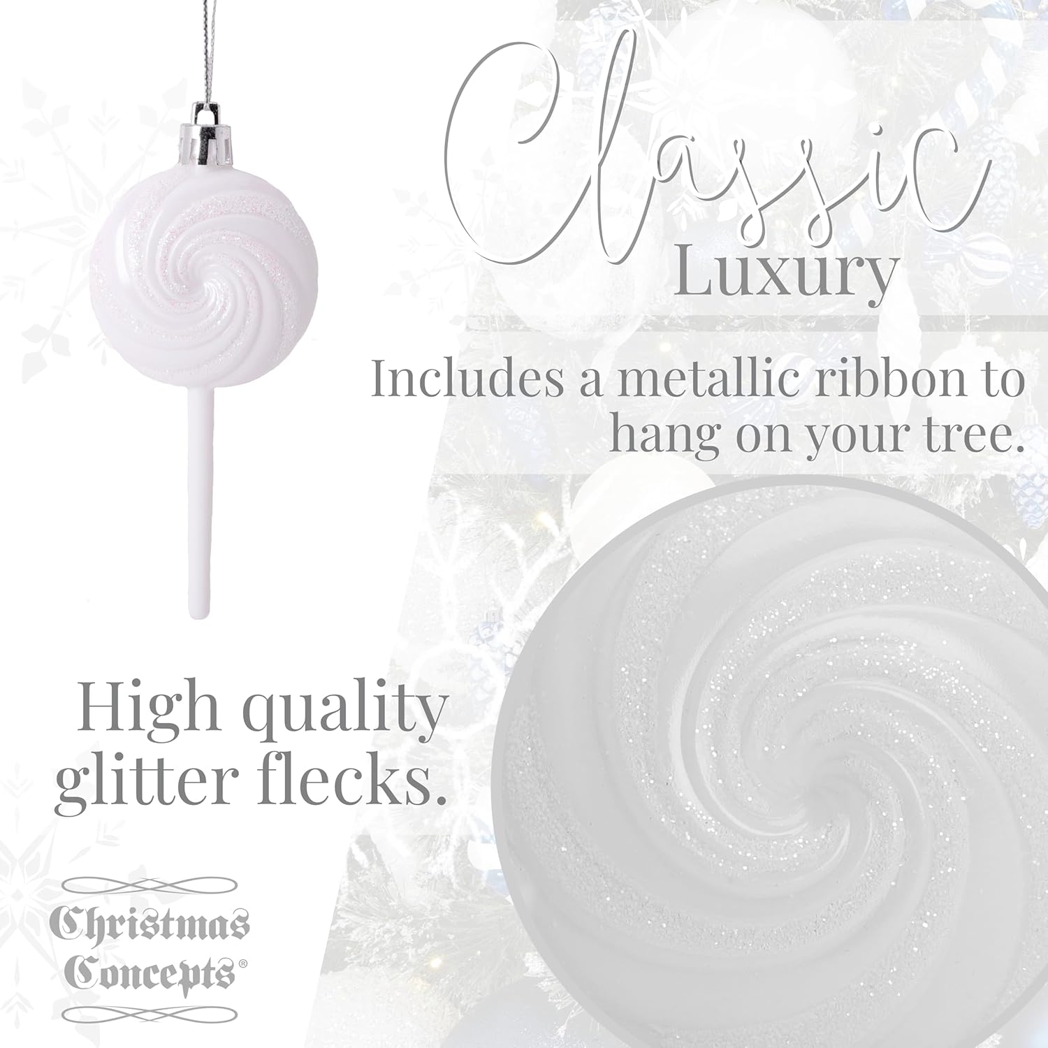 Christmas Concepts® Pack of 4-110mm (4.3") White Glittery Festive Lollipop Baubles - Christmas Tree Decorations - Image 7