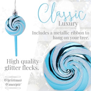 Pack of 4-110mm (4.3") Turquoise Glittery Festive Lollipop Baubles - Christmas Tree Decorations - Image 8