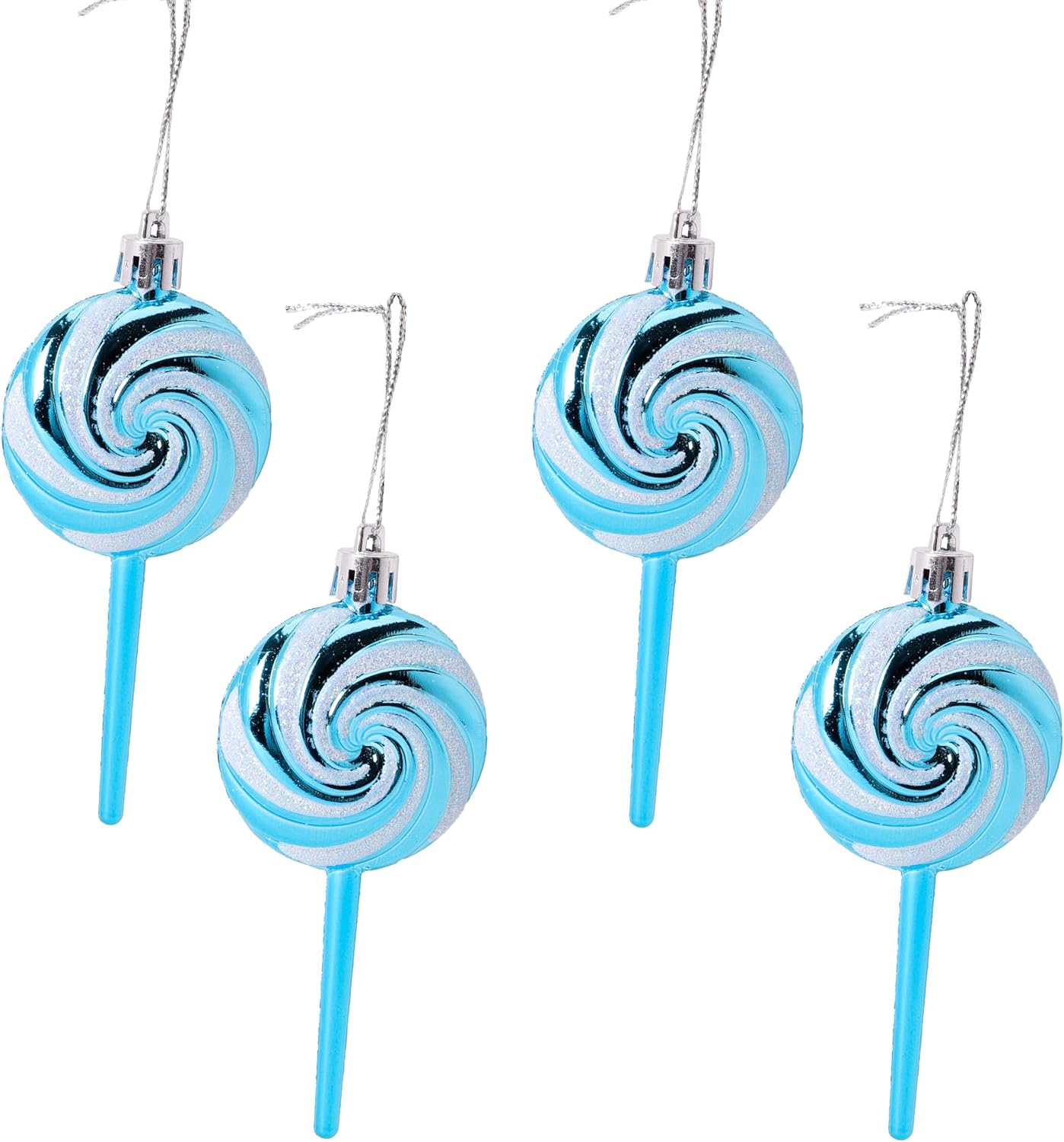 Pack of 4-110mm (4.3") Turquoise Glittery Festive Lollipop Baubles - Christmas Tree Decorations - Image 3