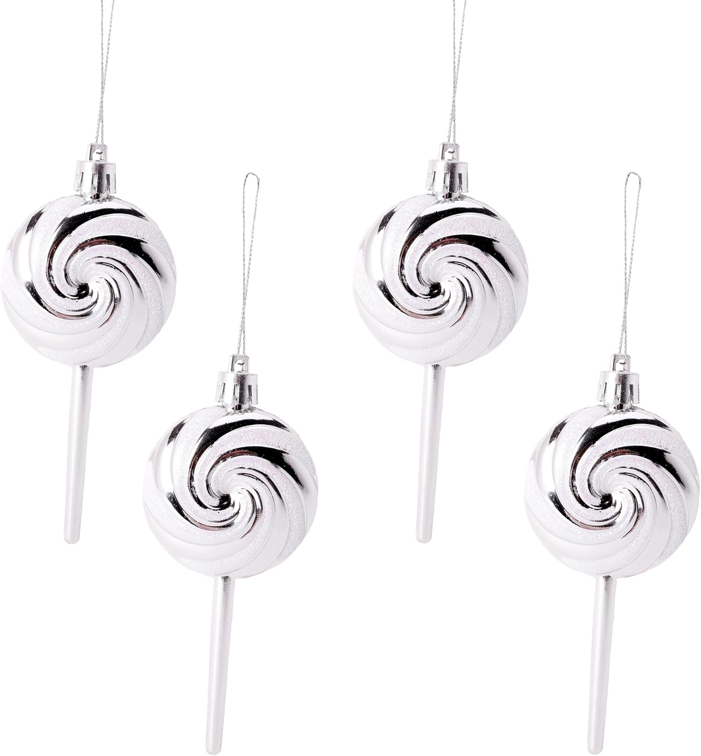 Pack of 4-110mm (4.3") Silver Glittery Festive Lollipop Baubles - Christmas Tree Decorations - Image 2