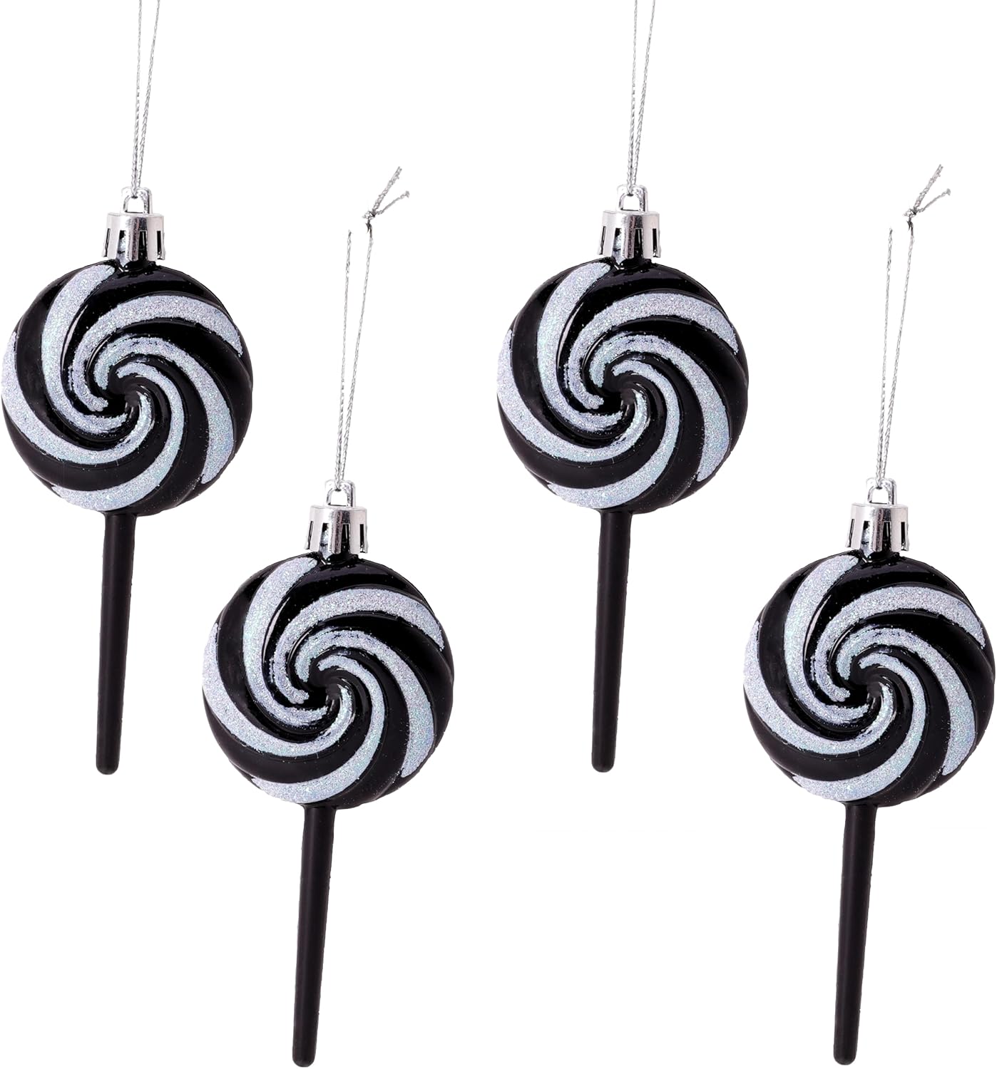 Pack of 4-110mm (4.3") Black Glittery Festive Lollipop Baubles - Christmas Tree Decorations - Image 3