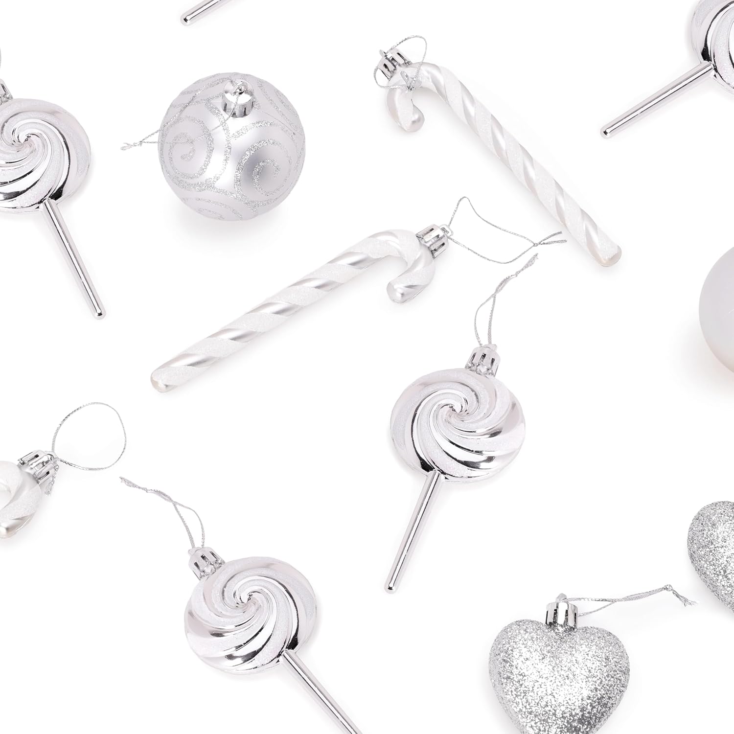 Pack of 4-110mm (4.3") Silver Glittery Festive Lollipop Baubles - Christmas Tree Decorations - Image 3