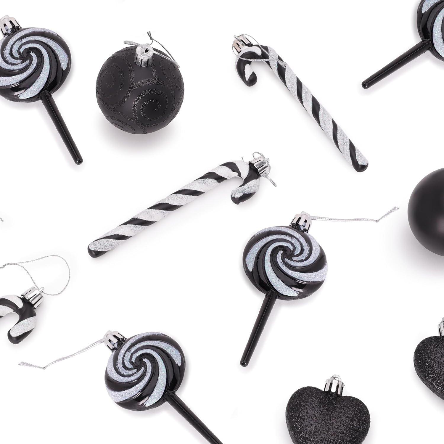 Pack of 4-110mm (4.3") Black Glittery Festive Lollipop Baubles - Christmas Tree Decorations - Image 4