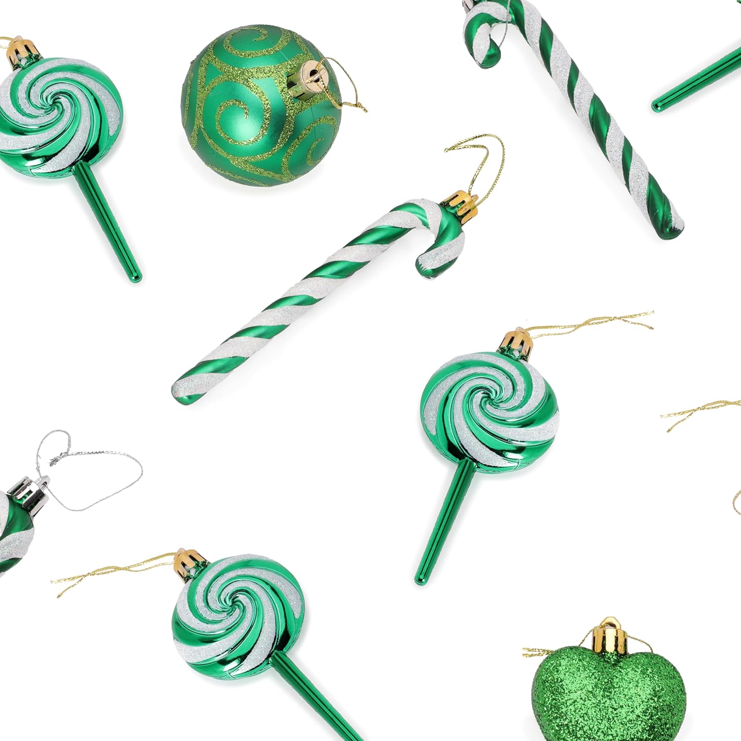 Pack of 4-110mm (4.3") Emerald Green Glittery Festive Lollipop Baubles - Christmas Tree Decorations - Image 8