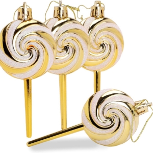 Pack of 4-110mm (4.3") Gold Glittery Festive Lollipop Baubles - Christmas Tree Decorations - Image 8
