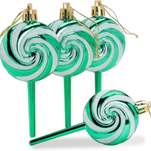Pack of 4-110mm (4.3") Emerald Green Glittery Festive Lollipop Baubles - Christmas Tree Decorations - Image 6