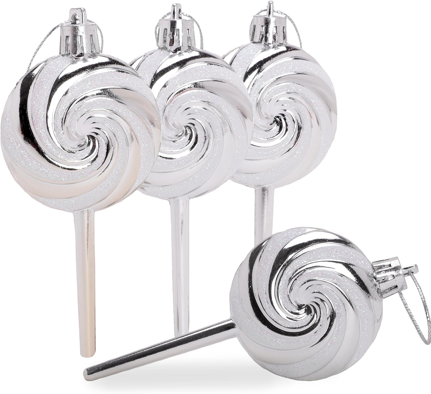 Pack of 4-110mm (4.3") Silver Glittery Festive Lollipop Baubles - Christmas Tree Decorations - Image 4