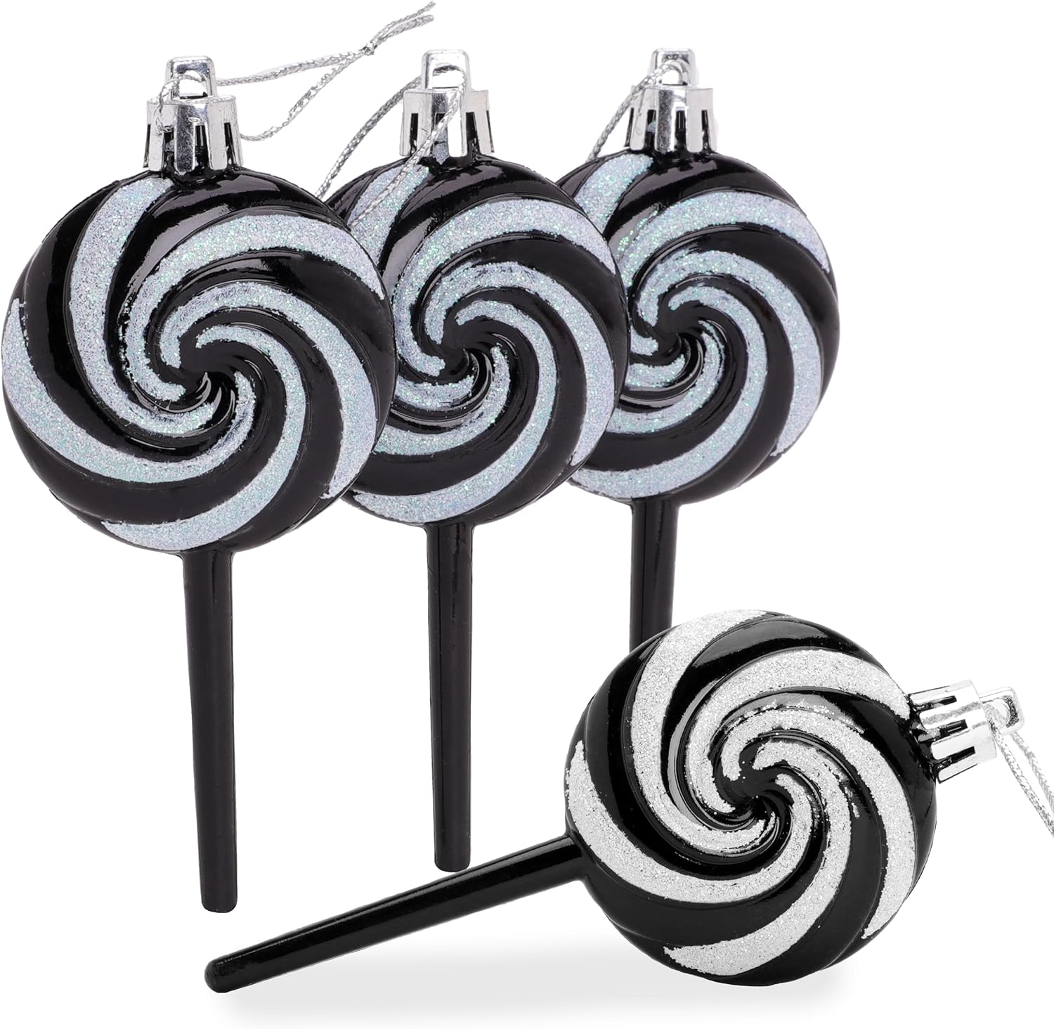 Pack of 4-110mm (4.3") Black Glittery Festive Lollipop Baubles - Christmas Tree Decorations - Image 5