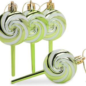 Pack of 4-110mm (4.3") Lime Green Glittery Festive Lollipop Baubles - Christmas Tree Decorations - Image 8