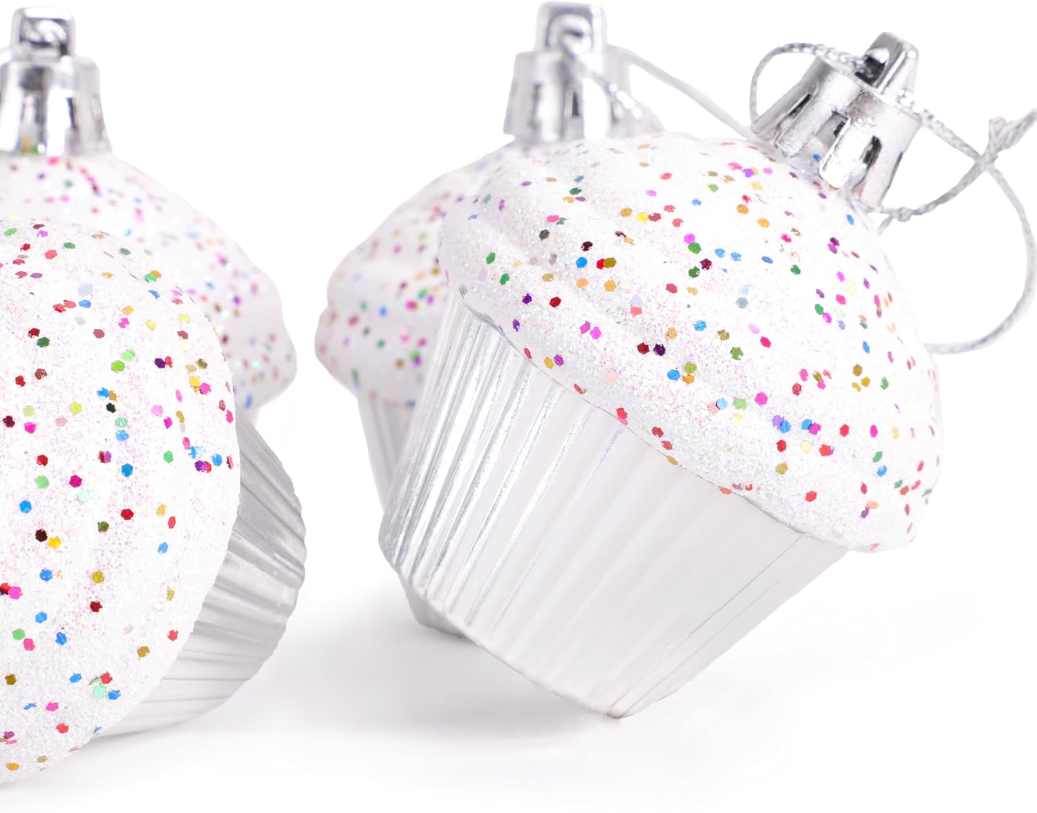 Christmas Concepts® Pack of 4-60mm (2.3") Silver Glittery Festive Cupcake Baubles - Christmas Tree Decorations - Image 7