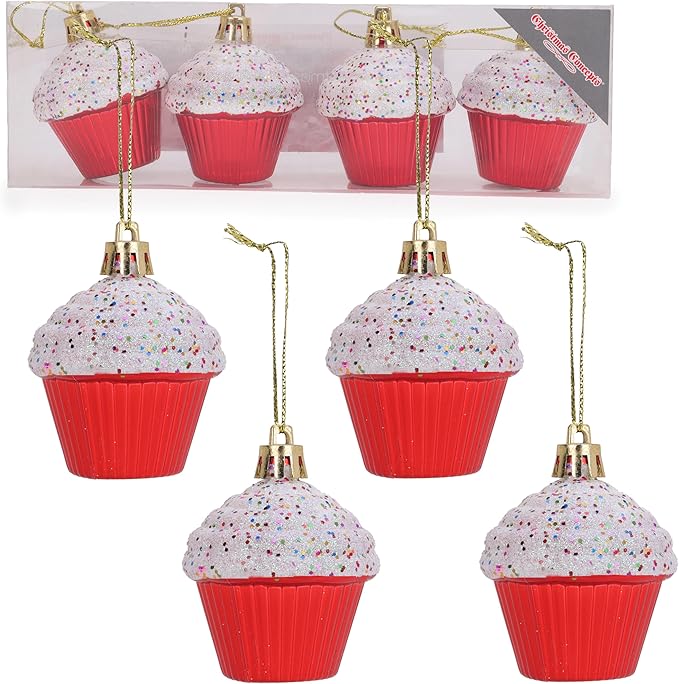 Christmas Concepts® Pack of 4-60mm (2.3") Red Glittery Festive Cupcake Baubles - Christmas Tree Decorations