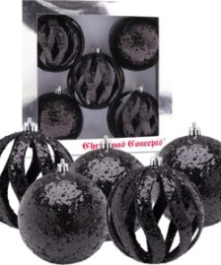 Alternative view of Christmas Concepts® Elegance Collection - Pack of 5-100mm (4") Black Luxury Glitter Baubles - Christmas Tree Hanging Decorations