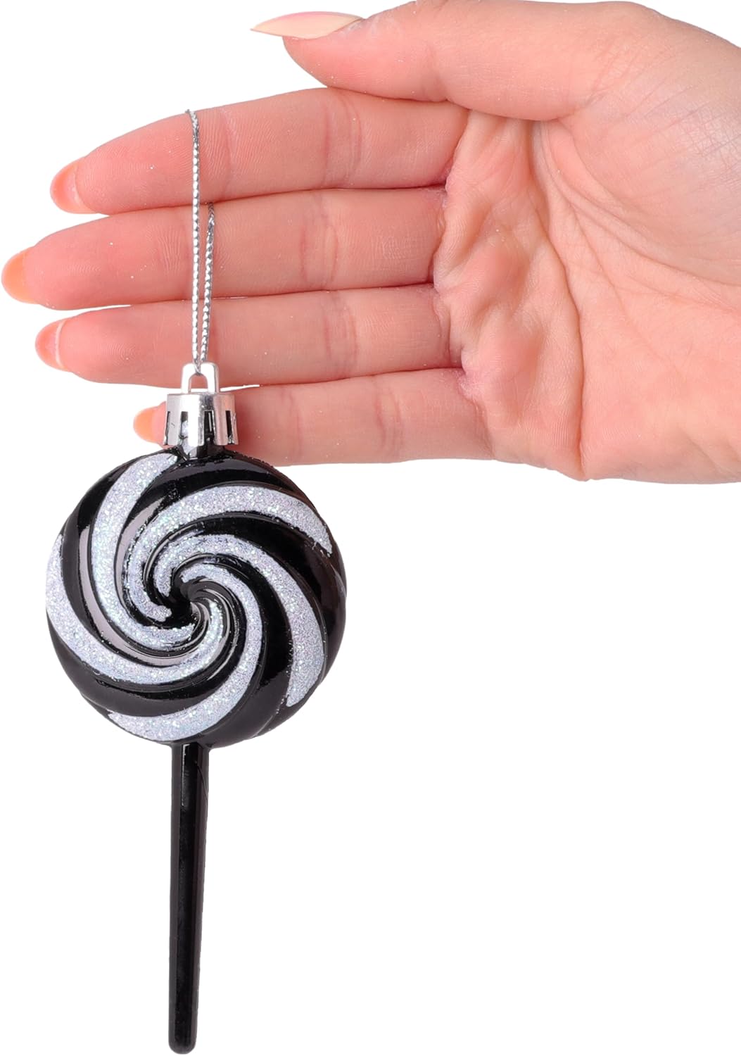 Pack of 4-110mm (4.3") Black Glittery Festive Lollipop Baubles - Christmas Tree Decorations - Image 2