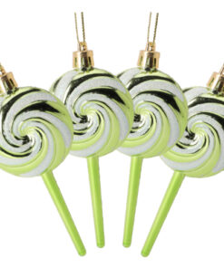 Pack of 4-110mm (4.3") Lime Green Glittery Festive Lollipop Baubles - Christmas Tree Decorations