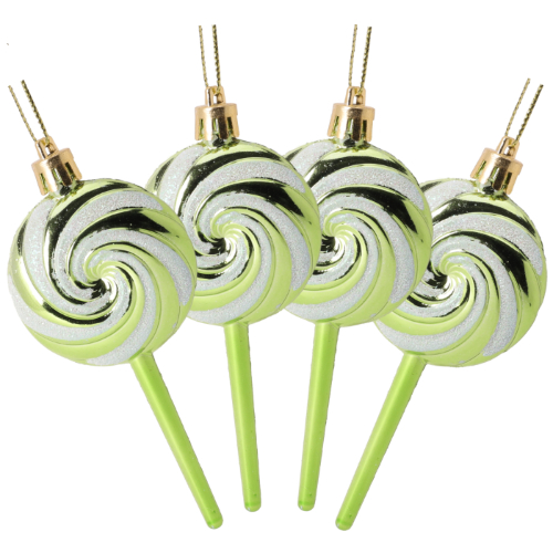 Pack of 4-110mm (4.3") Lime Green Glittery Festive Lollipop Baubles - Christmas Tree Decorations