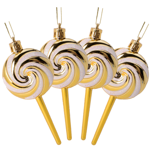 Pack of 4-110mm (4.3") Gold Glittery Festive Lollipop Baubles - Christmas Tree Decorations