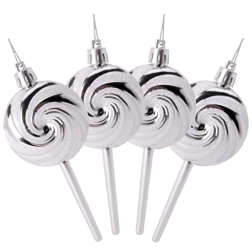 Pack of 4-110mm (4.3") Silver Glittery Festive Lollipop Baubles - Christmas Tree Decorations