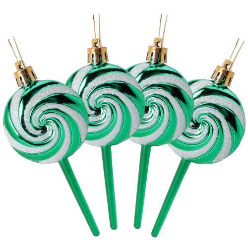 Pack of 4-110mm (4.3") Emerald Green Glittery Festive Lollipop Baubles - Christmas Tree Decorations