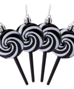 Pack of 4-110mm (4.3") Black Glittery Festive Lollipop Baubles - Christmas Tree Decorations