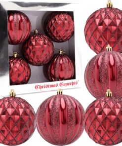 Elegance Collection - Pack of 5-100mm (4") Rioja Red Luxury Decorated Large Baubles - Christmas Tree Hanging Decorations