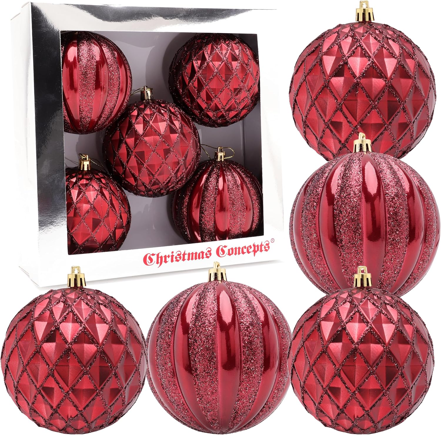 Elegance Collection - Pack of 5-100mm (4") Rioja Red Luxury Decorated Large Baubles - Christmas Tree Hanging Decorations