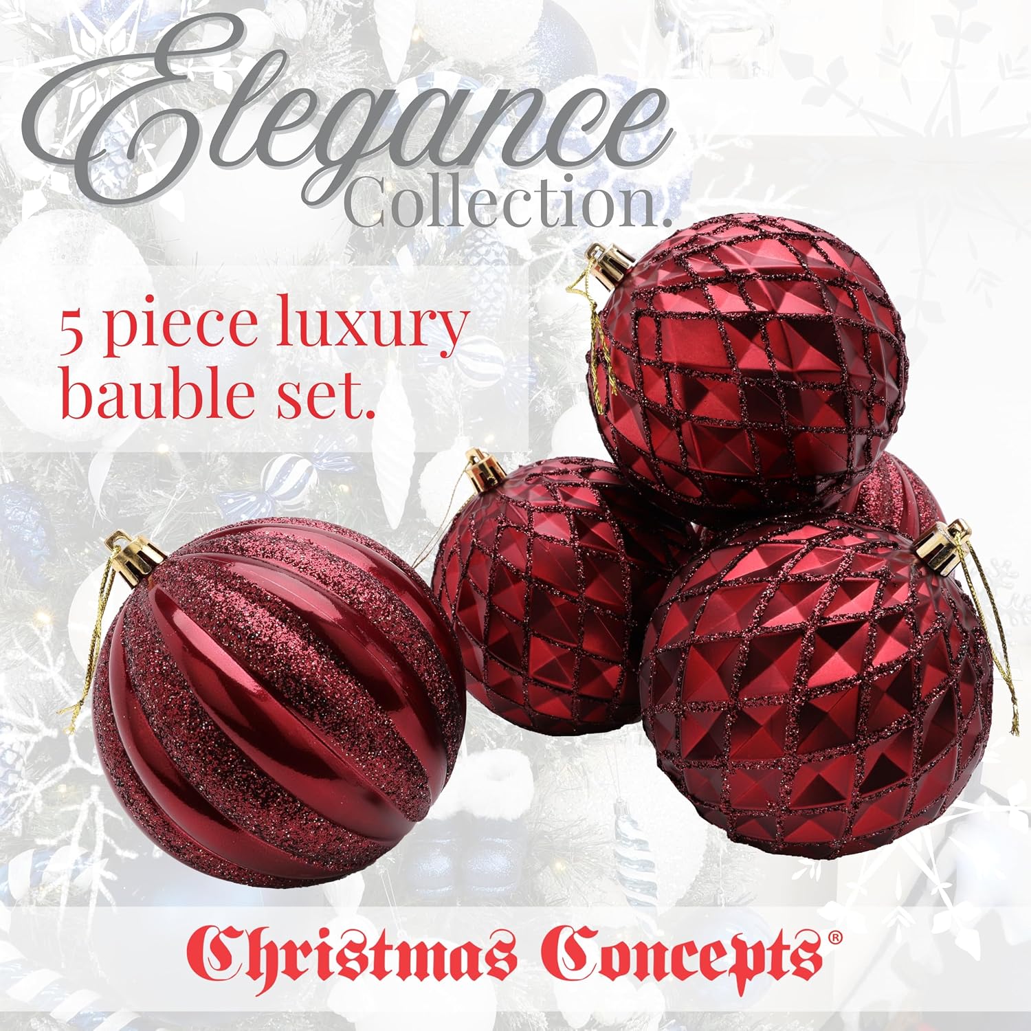 Elegance Collection - Pack of 5-100mm (4") Rioja Red Luxury Decorated Large Baubles - Christmas Tree Hanging Decorations - Image 2