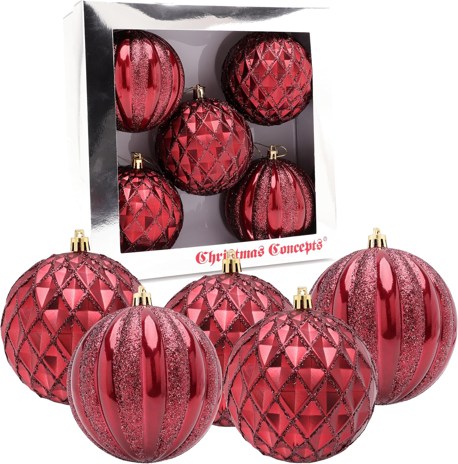 Elegance Collection - Pack of 5-100mm (4") Rioja Red Luxury Decorated Large Baubles - Christmas Tree Hanging Decorations - Image 3